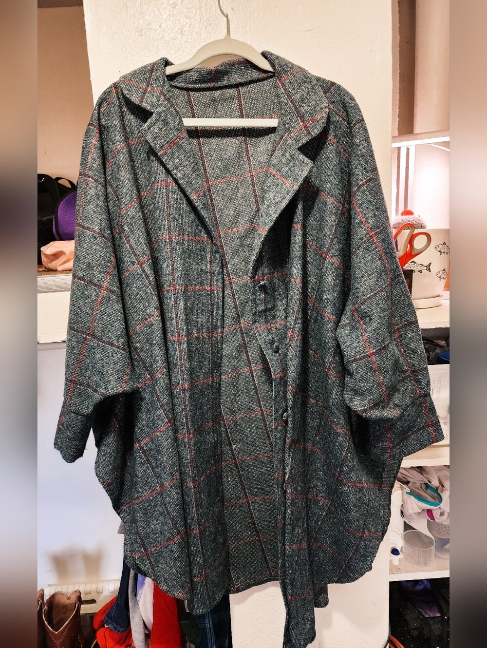 WOMEN'S 50'S/60'S STYLE PONCHO TWEED JACKET - BLUE/GREEN MIX